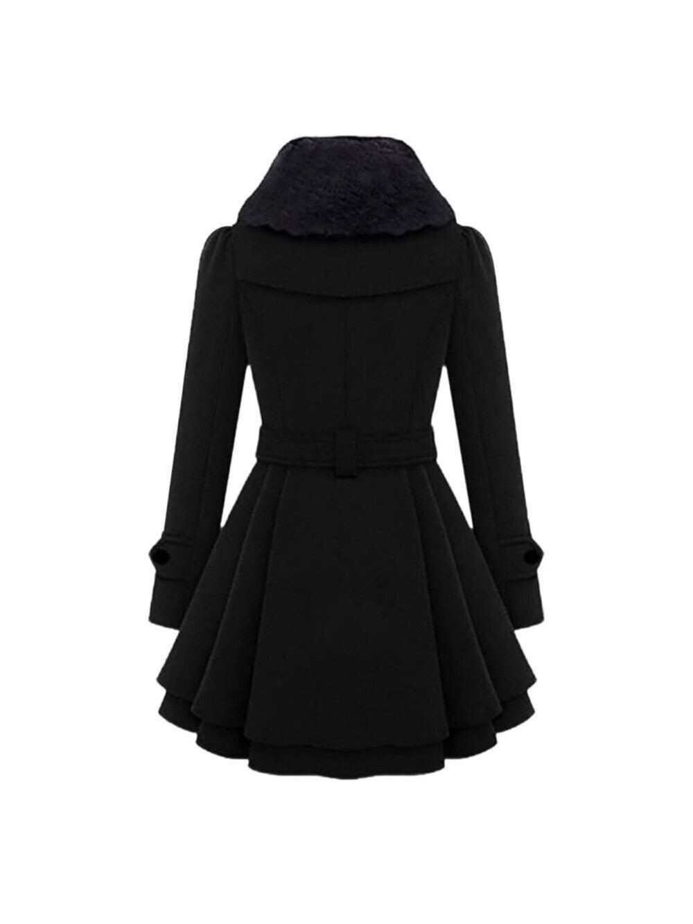 BLACK FAUX FUR COLLARED DOUBLE BREASTED FLARE BOTTOM TRENCH COAT MEDIUM NWT - Picture 3 of 8